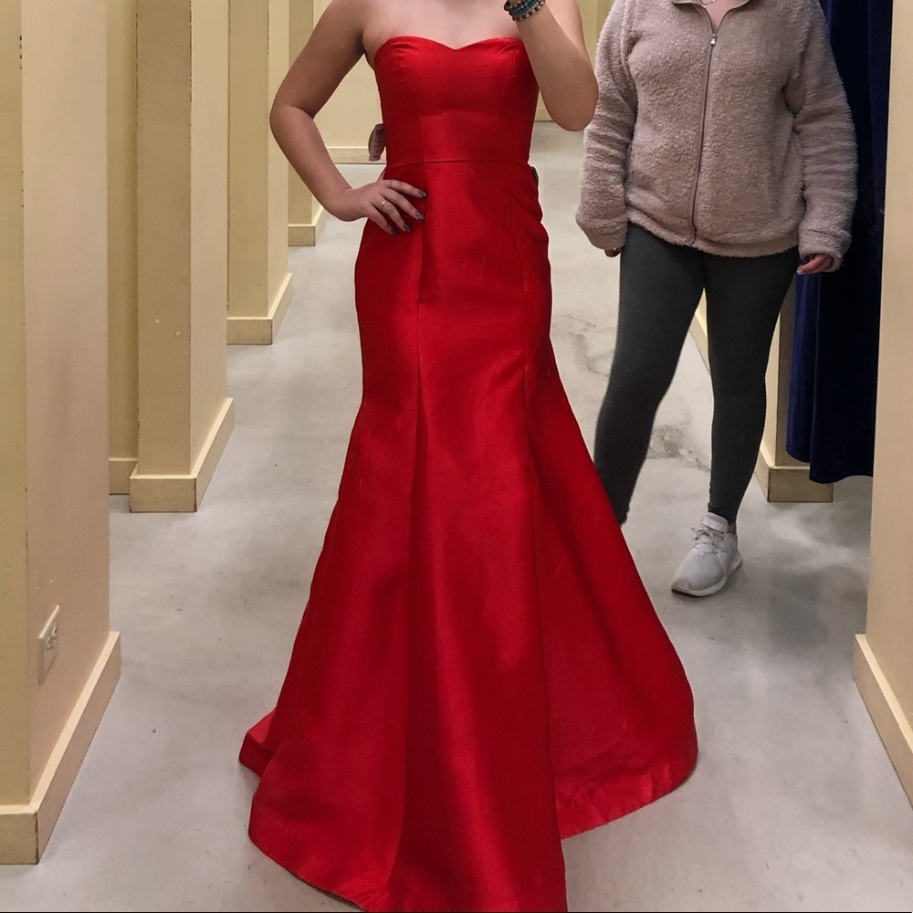 Red strapless prom dress